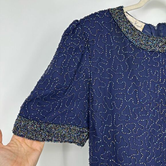 Vintage Laurence Kazar Silk All Over Beaded Mini Dress Size L Navy Cocktail - Picture 3 of 13